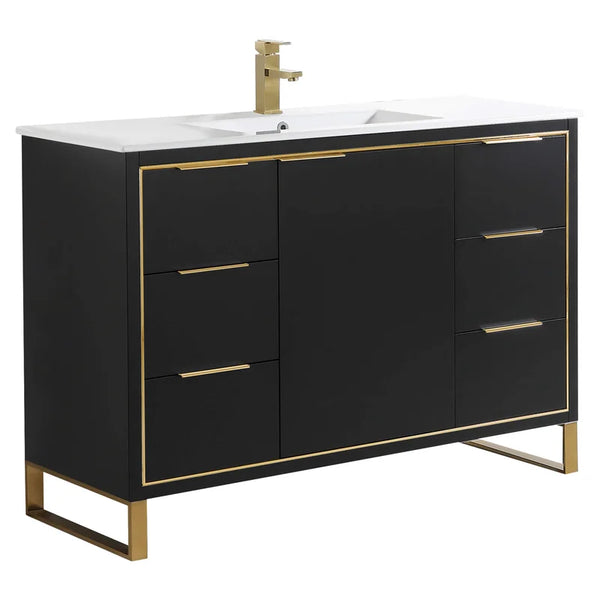 48'' Single Bathroom Vanity with Ceramic Top- Black/Satin Brass