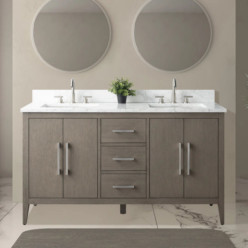 Vanity Art 60 inch Double Vanity in Driftwood Gray with Marble Top with Brushed Nickel Handles