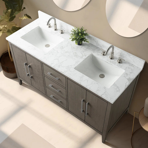 Vanity Art 60 inch Double Vanity in Driftwood Gray with Marble Top with Brushed Nickel Handles