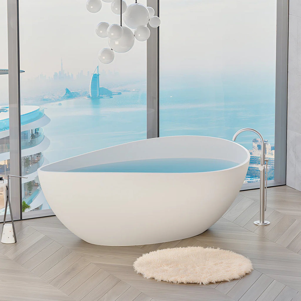 63" x 37" Freestanding Soaking Solid Surface Bathtub Stone Resin Bath Tub with Overflow, Pop-up Drain for Bathroom
