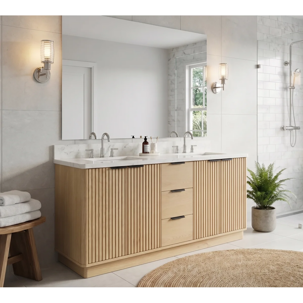 72" Double Sink Fluted Bathroom Vanity with Quartz Top and Porcelain Sinks in Natural