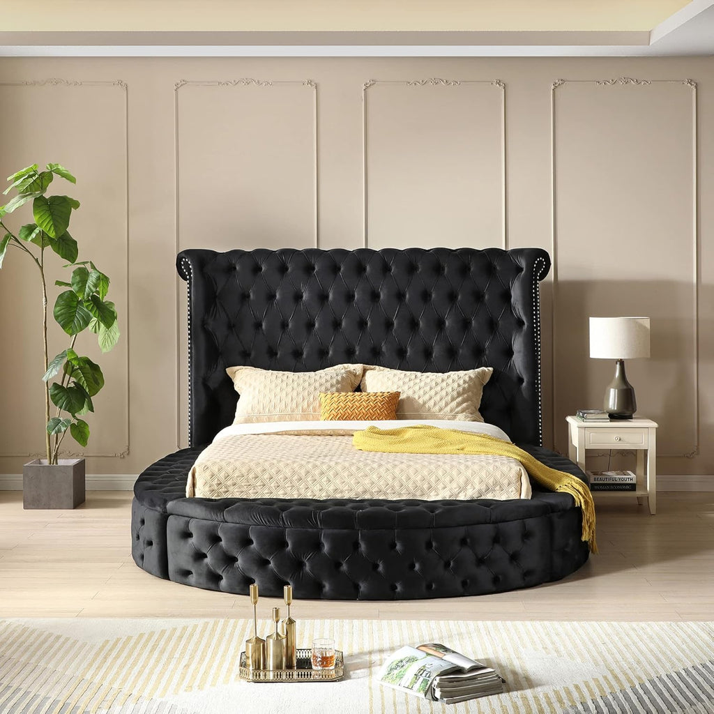 Elizabeth Velvet Round Storage King Bed in Black