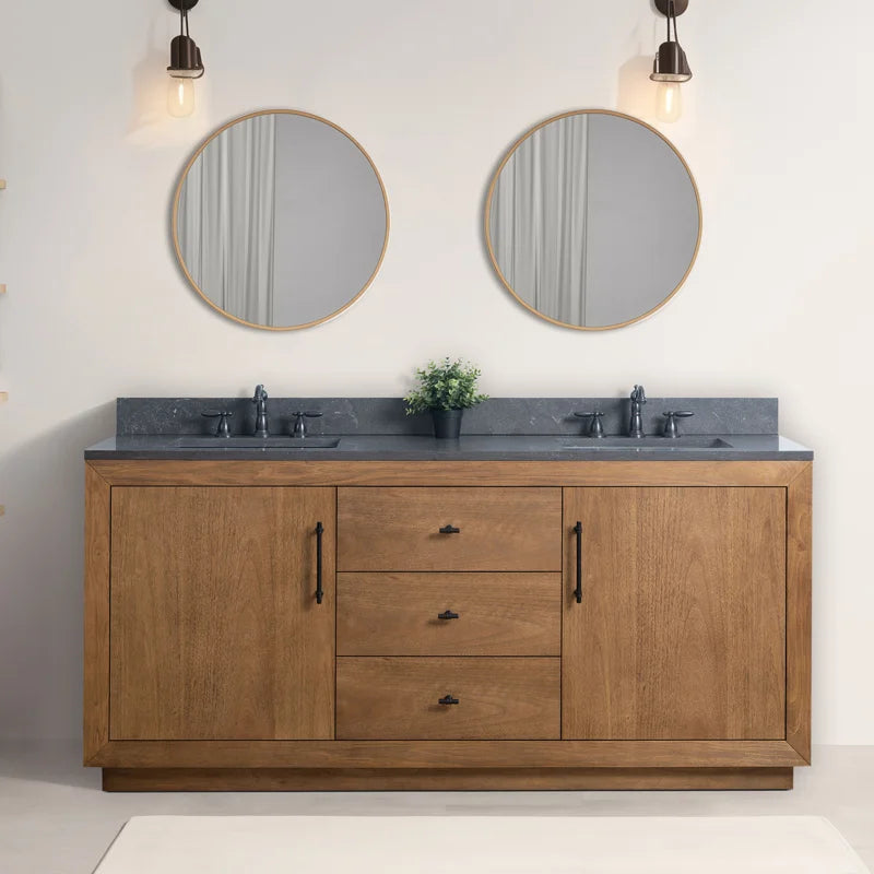 72" Double Sink Bathroom Vanity in Tan Black Limestone Top