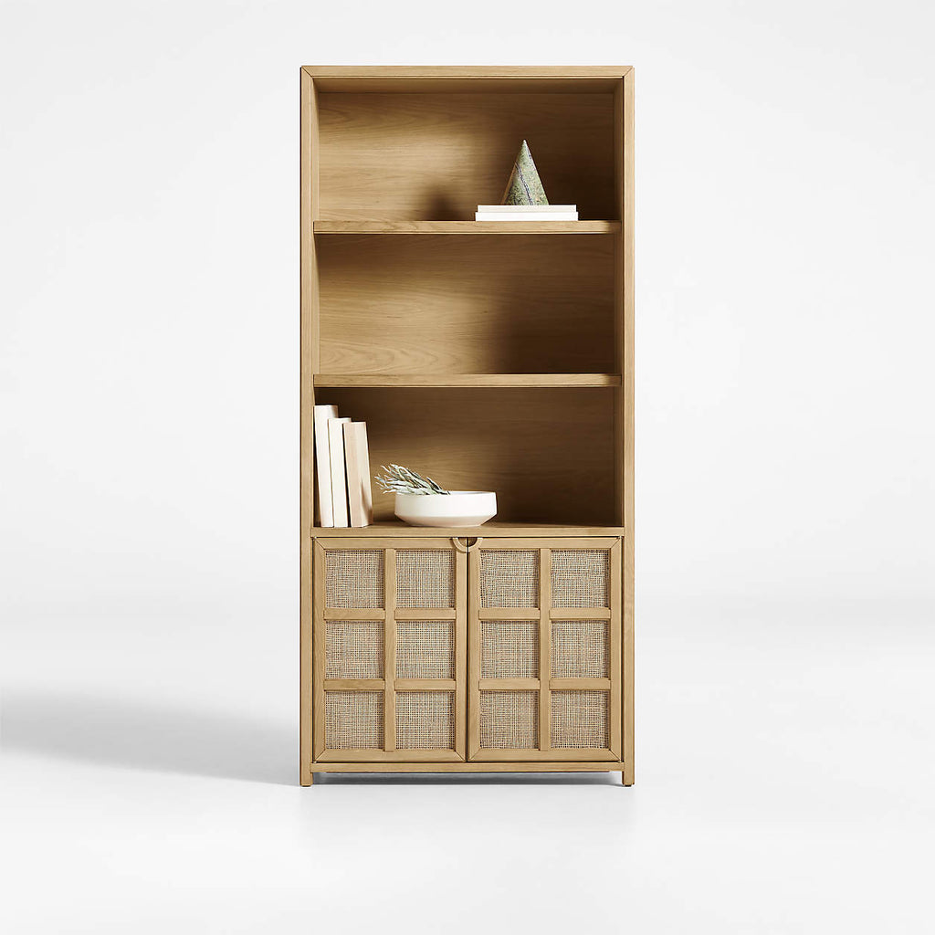 Campagna 39" Rattan and Natural Oak Wood 3-Shelf Storage Bookcase Cabinet