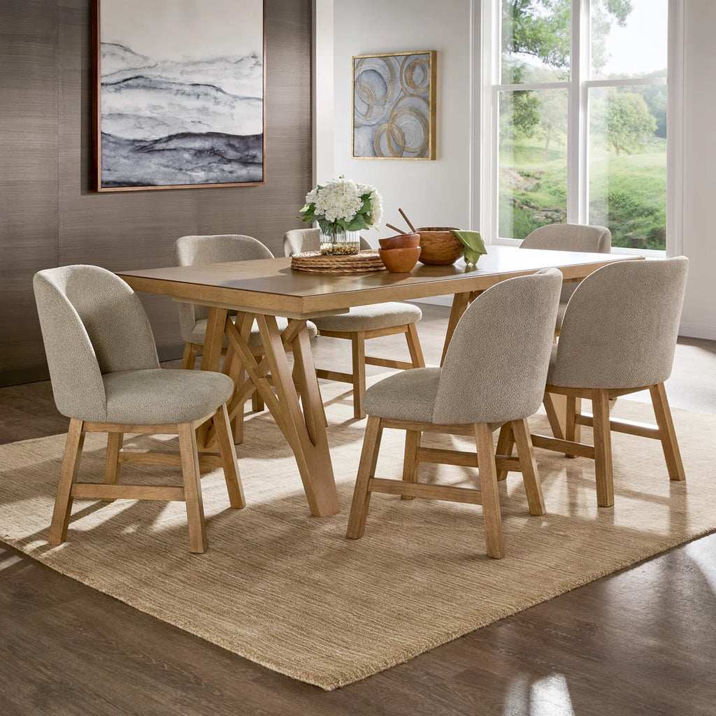 Cipolla 72"-90" Wood Finish Extendable Dining Set - Dining Table With Leaf And Taupe Fabric Curved Back Chairs
