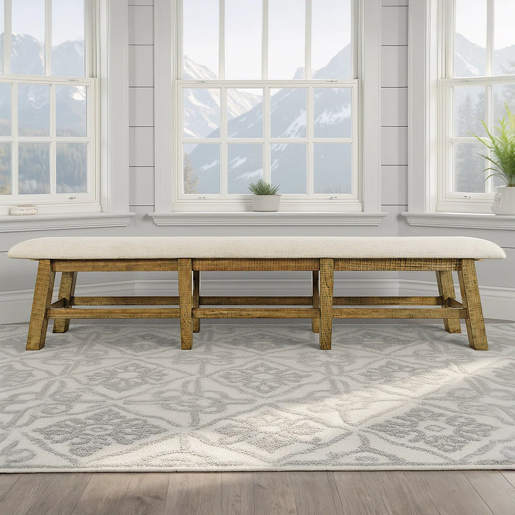 Fahrettin Rustic Distressed Pine Upholstered Dining Bench Gold
