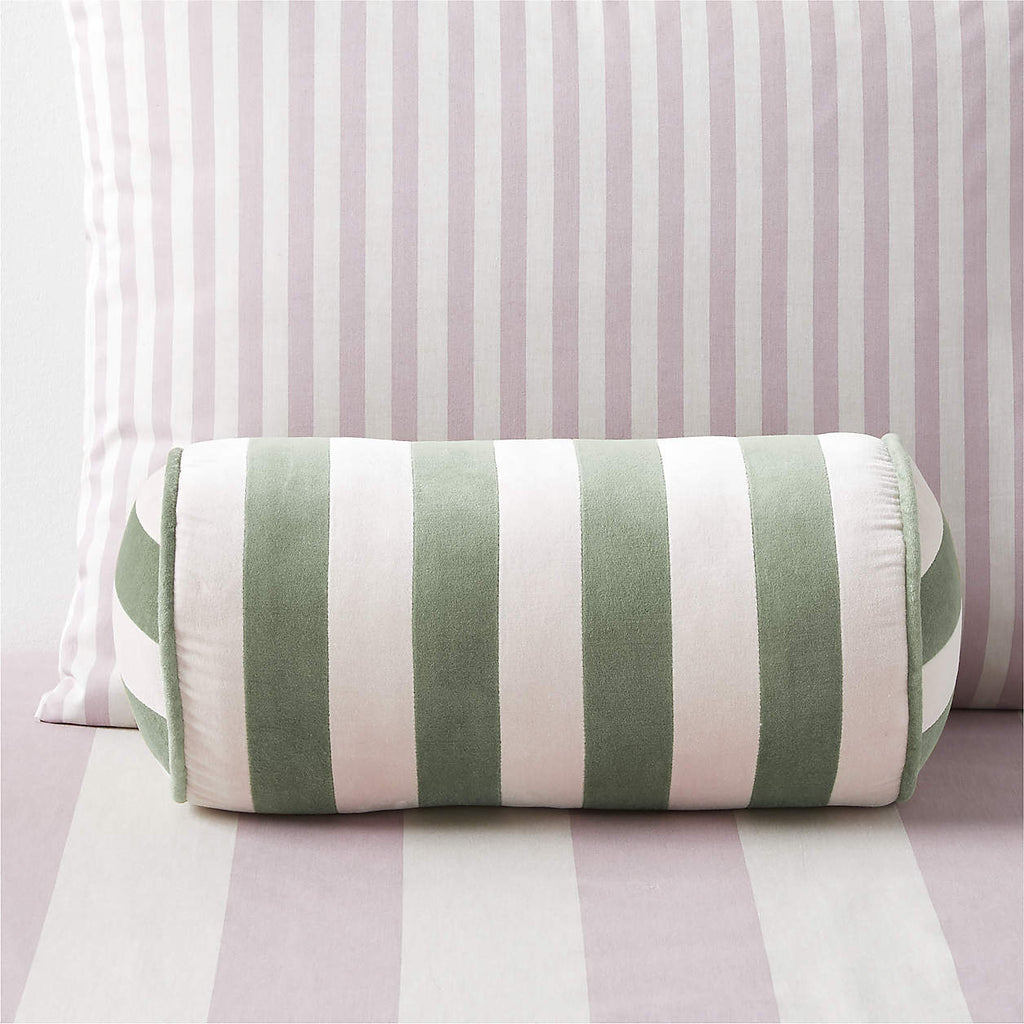 Rosy Lilac and Cyprus Green Harriet Stripe Velvet Bolster Pillow