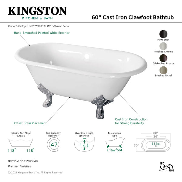 Kingston Brass Aqua Eden 60-Inch Cast Iron Oval Double Ended Clawfoot Tub