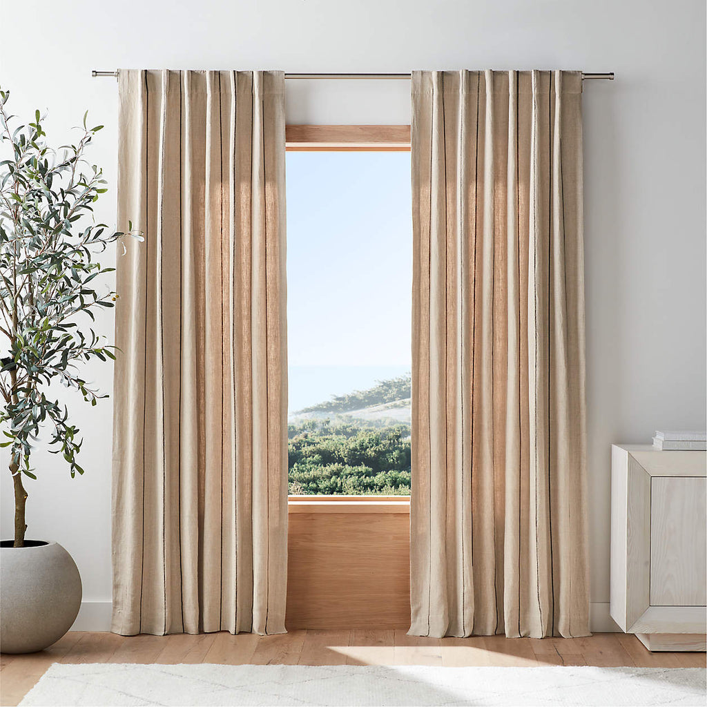 Warm Beige & Storm Grey Linen Double Pinstripe Window Curtain Panel 52"x84"