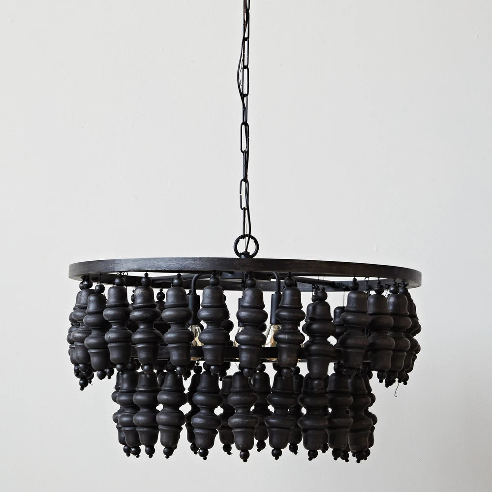 5-Lights Black Round Metal and Mango Wood Bead Chandelier