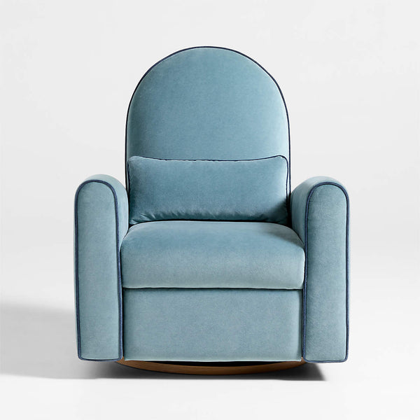 Miles Ocean Blue Velvet Nursery Power Recliner Swivel Chair with Wooden Base