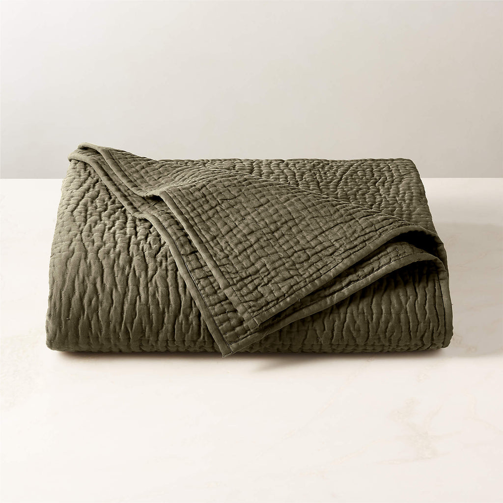 Stitched Organic Cotton Sateen Dark Green King Quilt