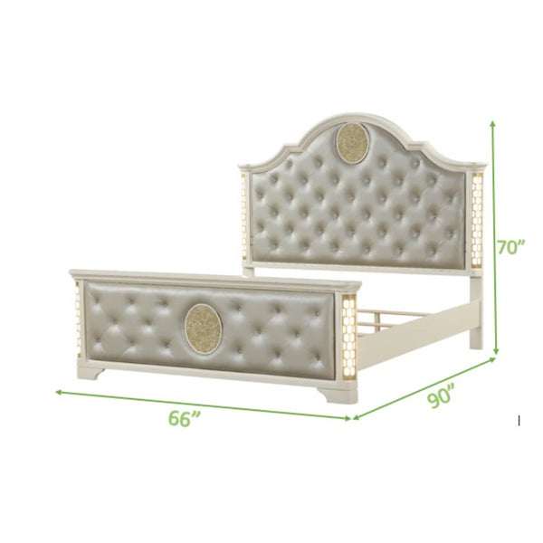 Queen Size Tufted Upholstery & Led Bed Made With Wood In Beige