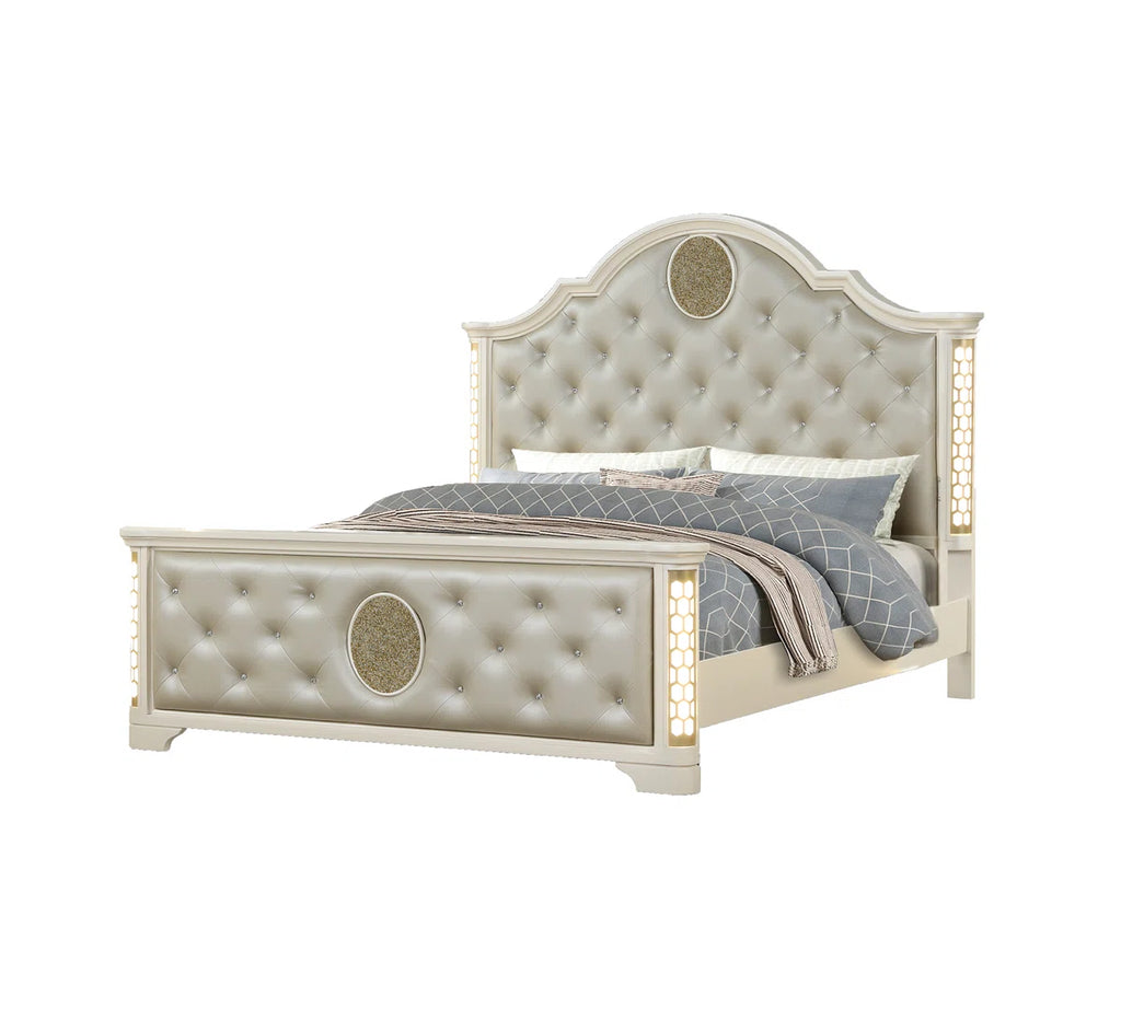 Queen Size Tufted Upholstery & Led Bed Made With Wood In Beige