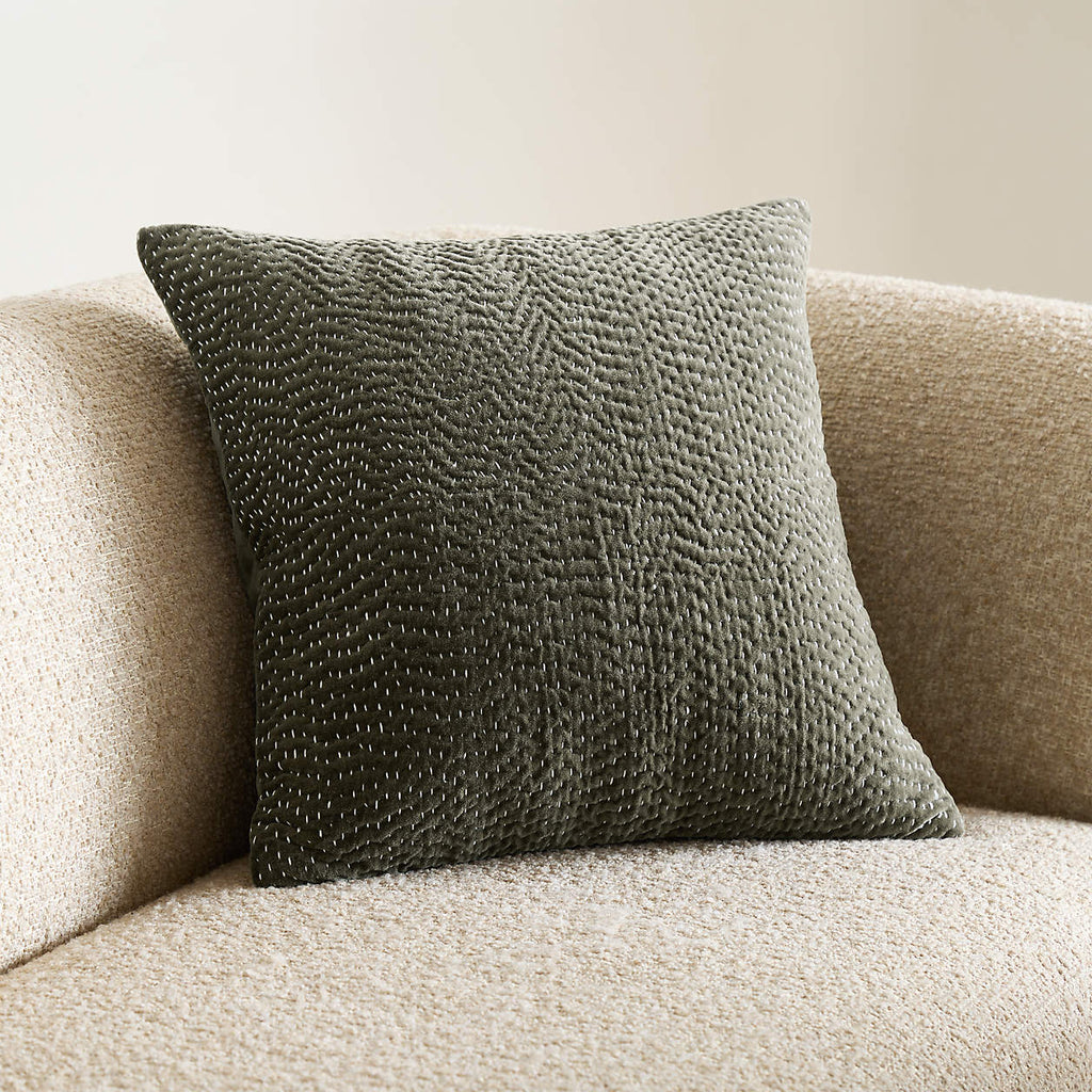 Sashiko Organic Cotton Velvet 20"x20" Burnt Green Throw Pillow Cover