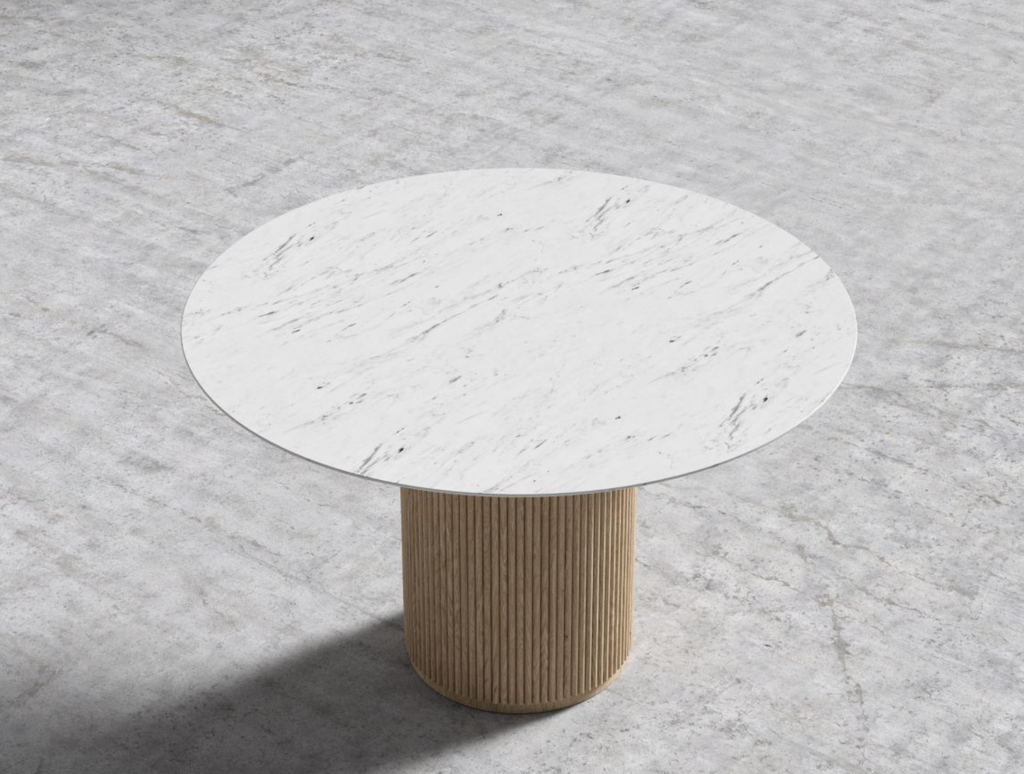 Athena Round 48" Dining Table White Carrara Marble/Black Ebony Base