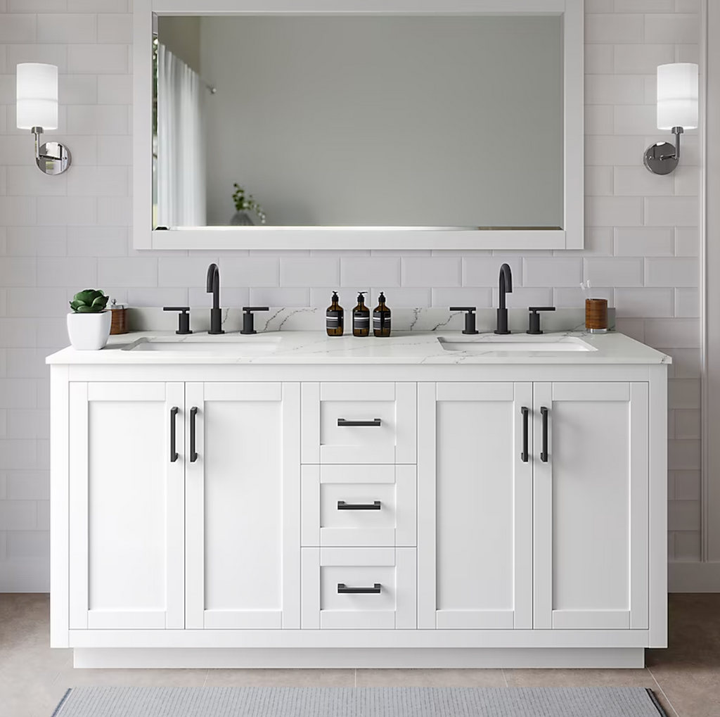 Miranda 66" White Freestanding Double Bathroom Vanity with Quartz Top