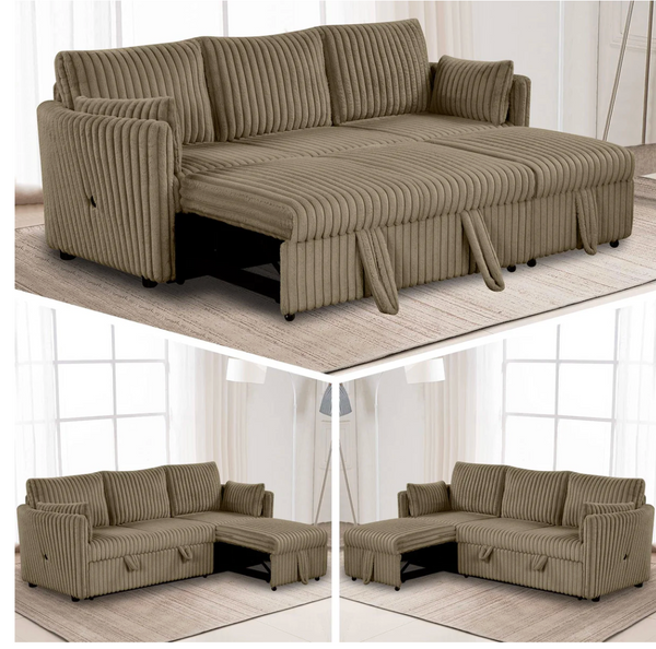 Brown Faux Fur 3-Seater Convertible Sleeper Sofa