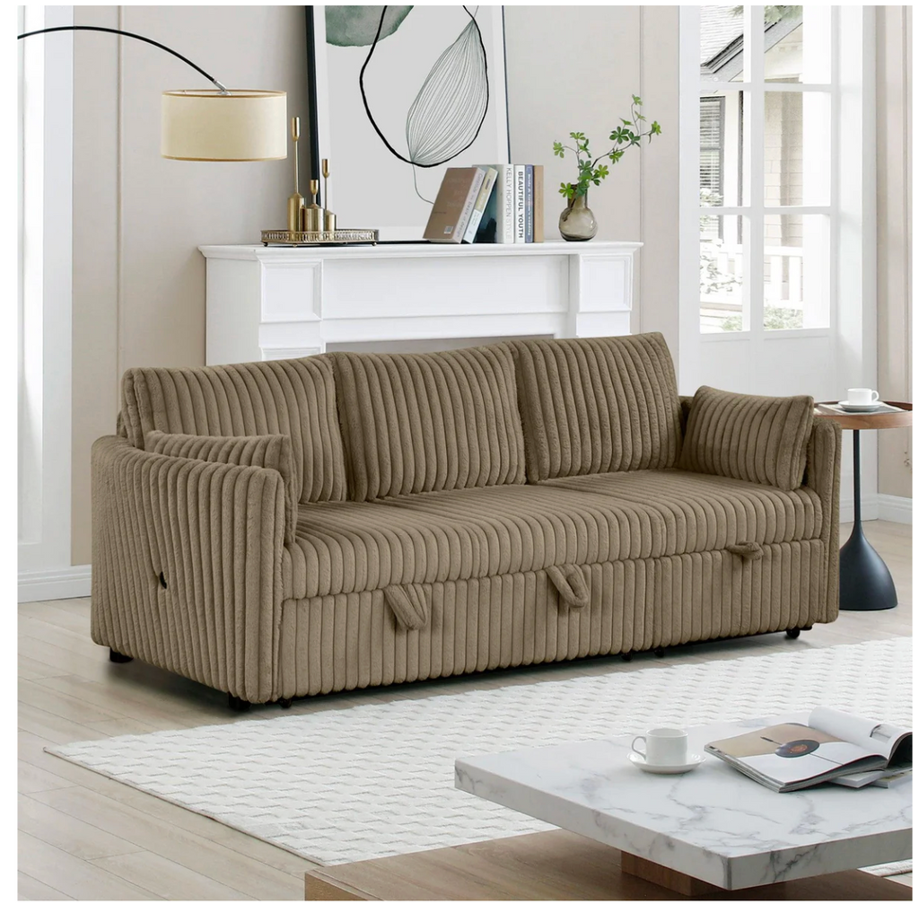 Brown Faux Fur 3-Seater Convertible Sleeper Sofa