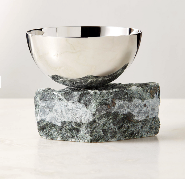Laftin Polished Stainless Steel and Green Marble Snack Bowl 4