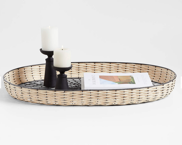 Toma Oval Black and Off White Rattan and Metal Decorative Tray 30