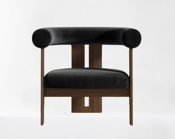 Black Plush Velvet & Walnut Lounge Chair