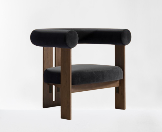 Black Plush Velvet & Walnut Lounge Chair