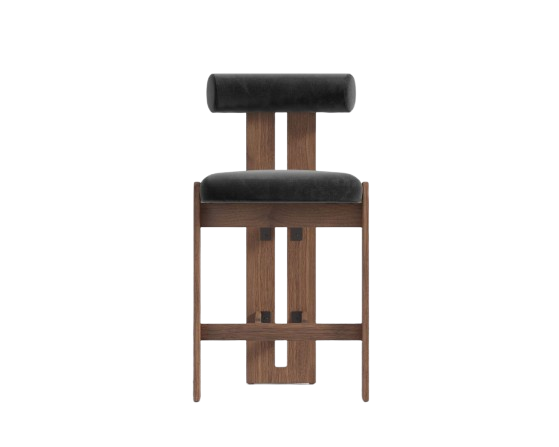 Black Plush Velvet & Walnut Counter Stool