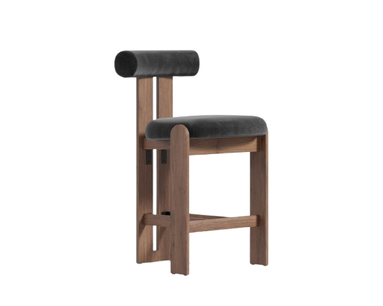 Black Plush Velvet & Walnut Counter Stool