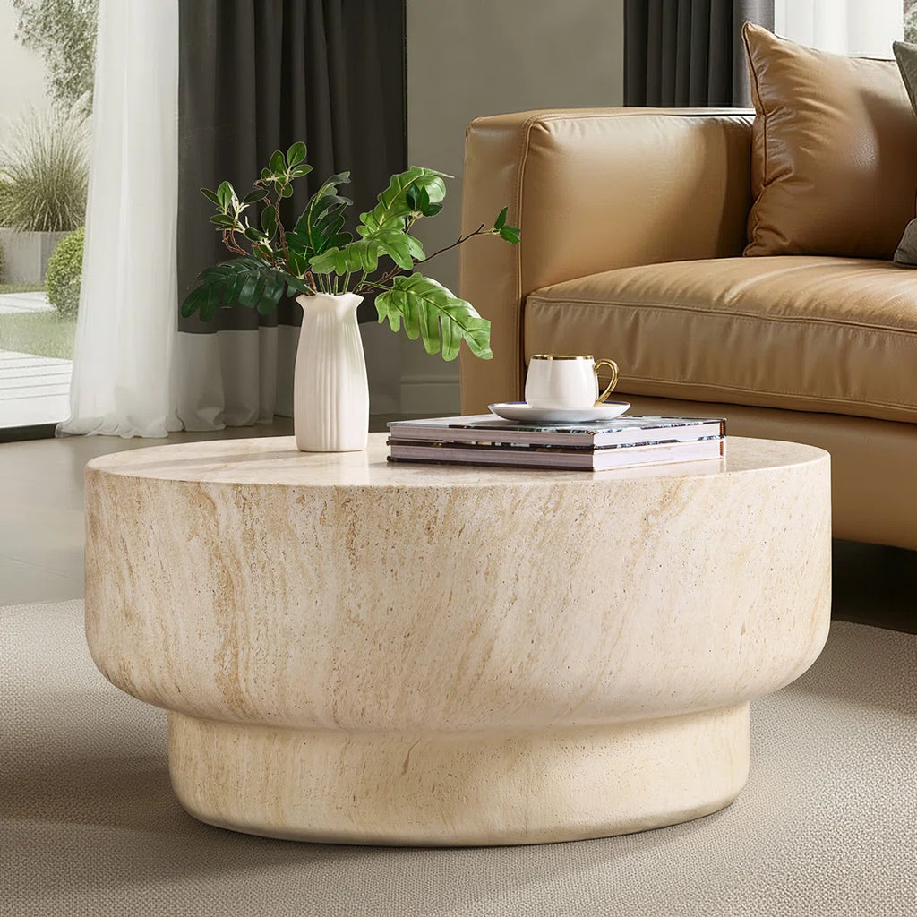 Watterson Modern 32"W Marble Concrete Round Coffee Table Natural