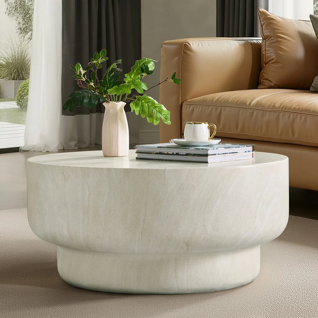 Watterson Modern 32"W Marble Concrete Top Round Coffee Table Beige