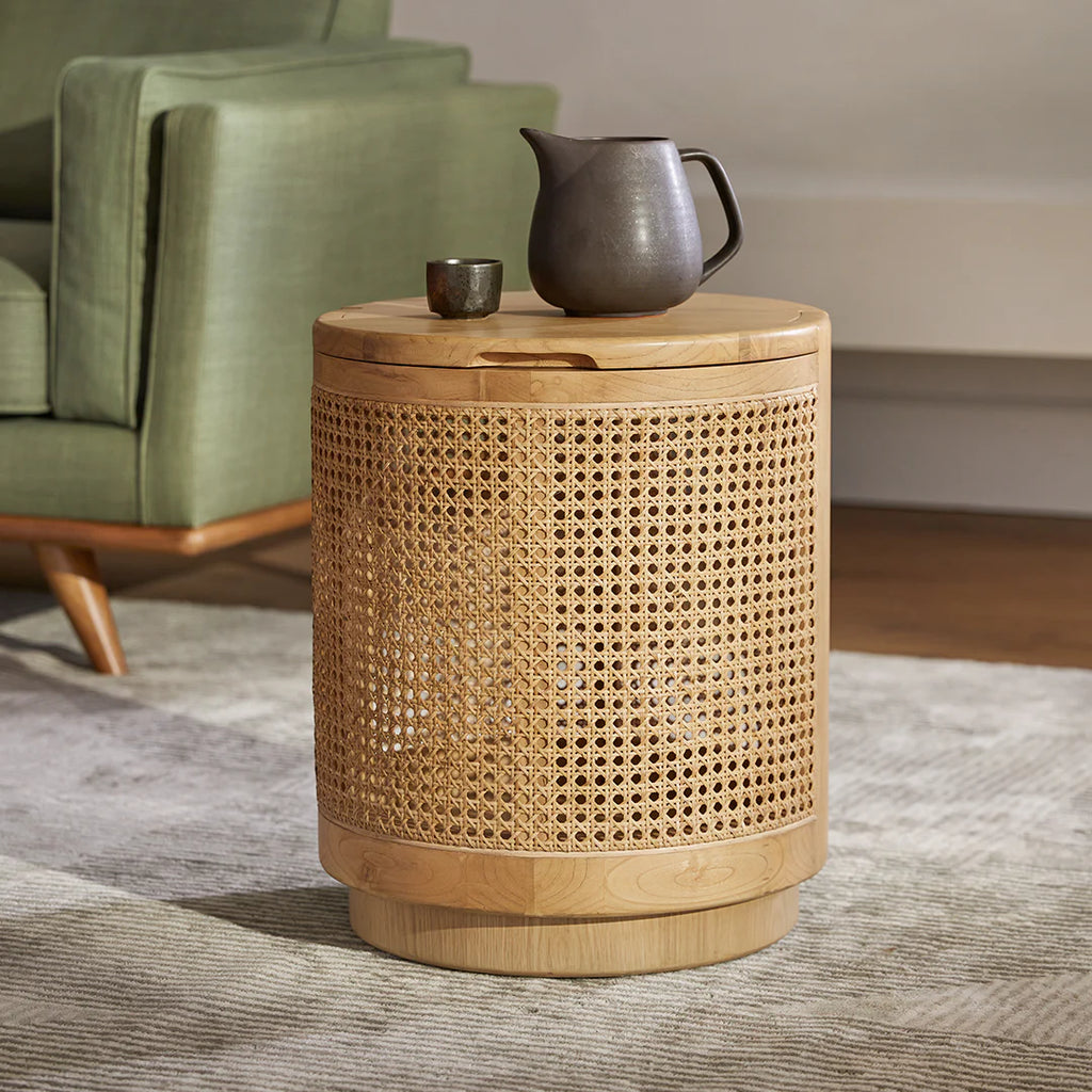 Cane Rattan Oak Storage Side Table