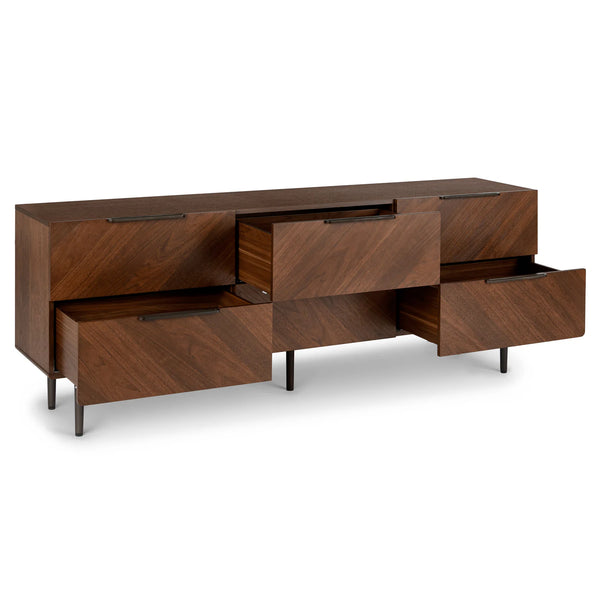 Walnut Wood Low Double Dresser - 6 Drawer