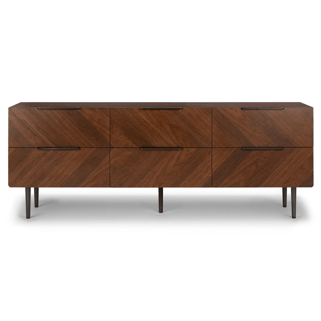 Walnut Wood Low Double Dresser - 6 Drawer
