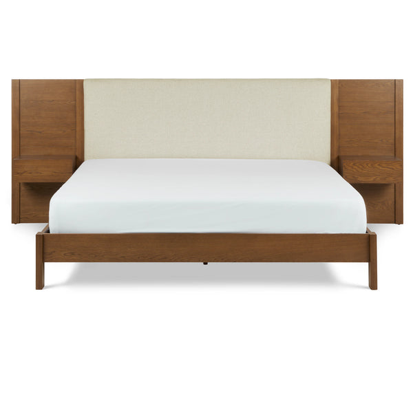 Smoked Oak and Taupe Chenille King Upholstered Bed with Nightstands