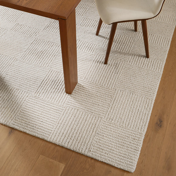 Ivory Grid Textured Wool Rug 8 x 10