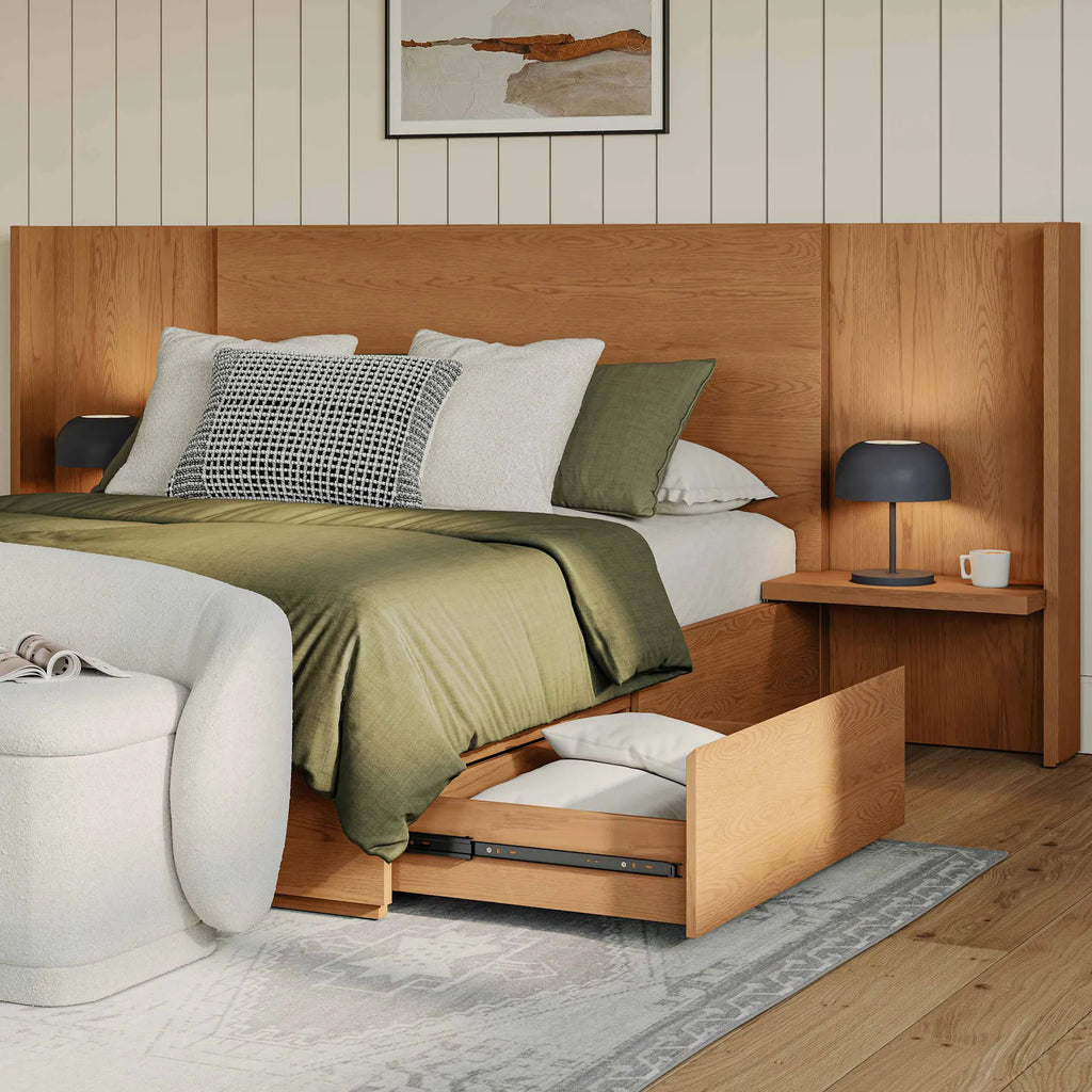 Lea Queen Storage Bed with Nightstands Set - Smoked Oak
