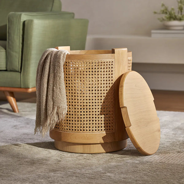 Cane Rattan Oak Storage Side Table