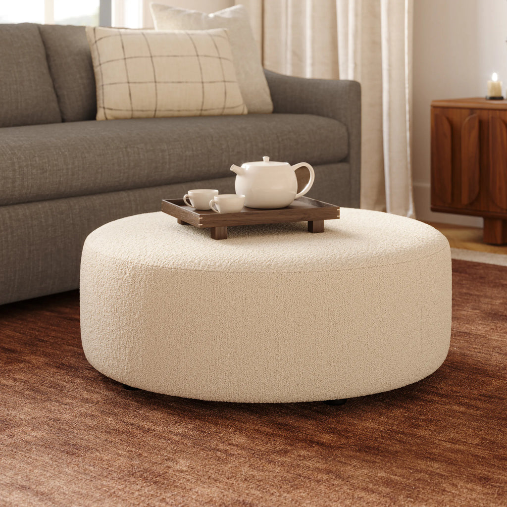Ava Round 36" Ottoman - Ivory Wool Bouclé