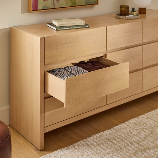 Lior 9-Drawer Triple Dresser – White Oak (Minor damage)