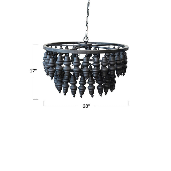 5-Lights Black Round Metal and Mango Wood Bead Chandelier