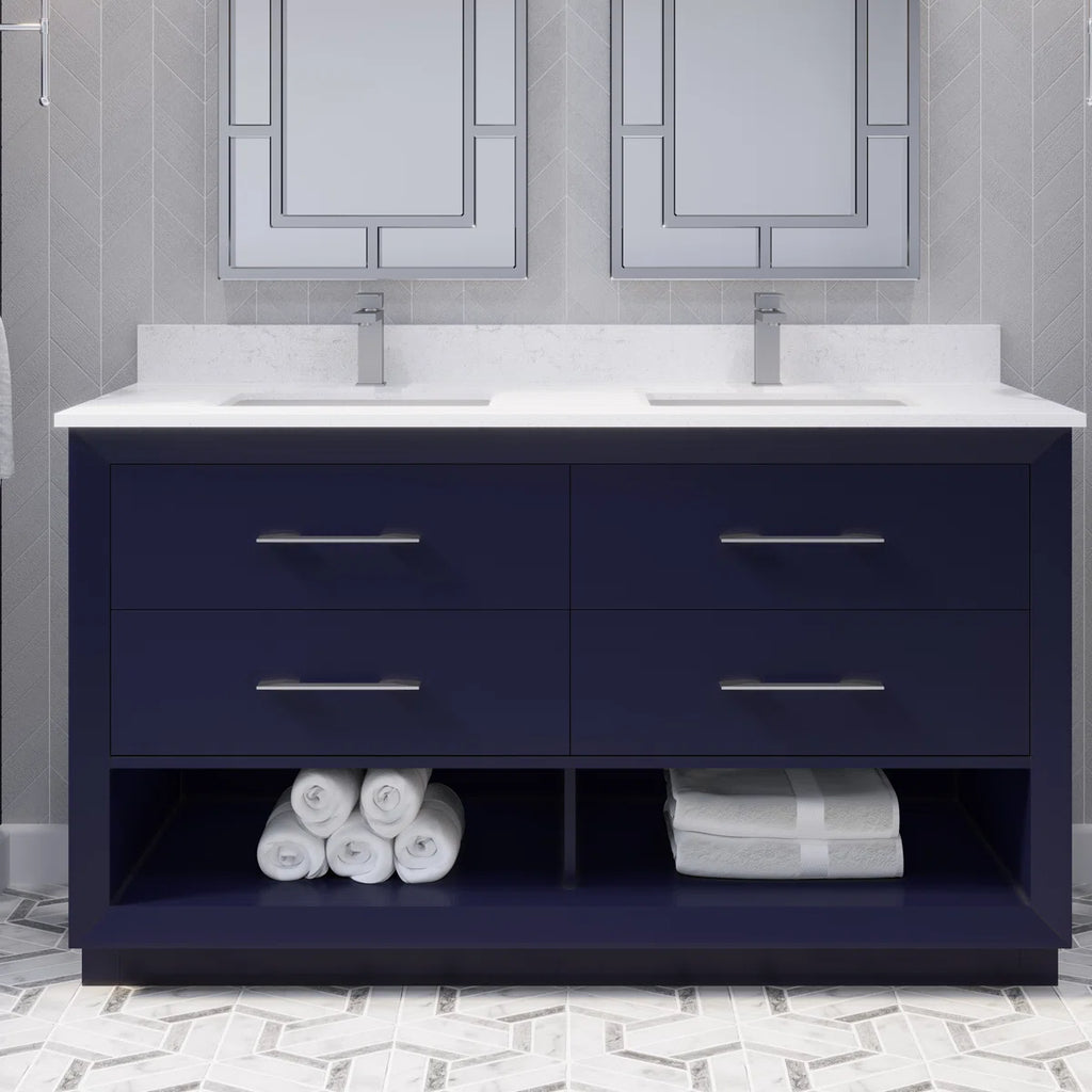 Rio Solid Wood 60" W x 22" x 35" H Double Sink Bathroom Vanity with Drawer Organizer, Engineered Stone, Open Bottom  (Navy Blue)
