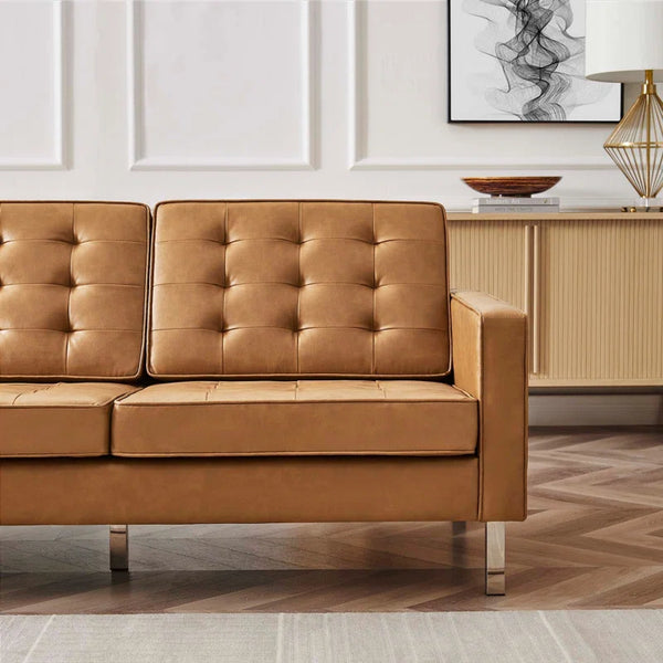 Loft Tufted Tan Vegan Leather Sofa